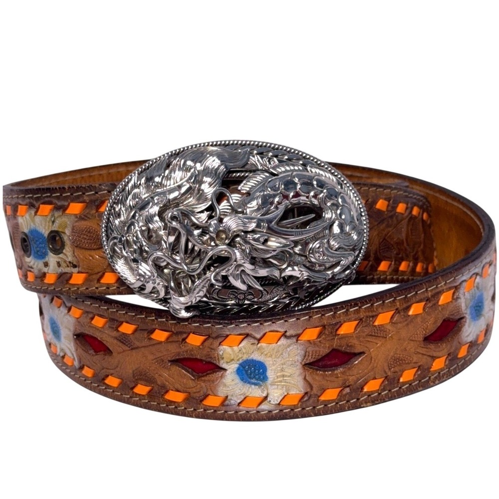 Heavy Leather Western Belt Mens 44 Thai Dragon‎ Stainless Steel Buckle